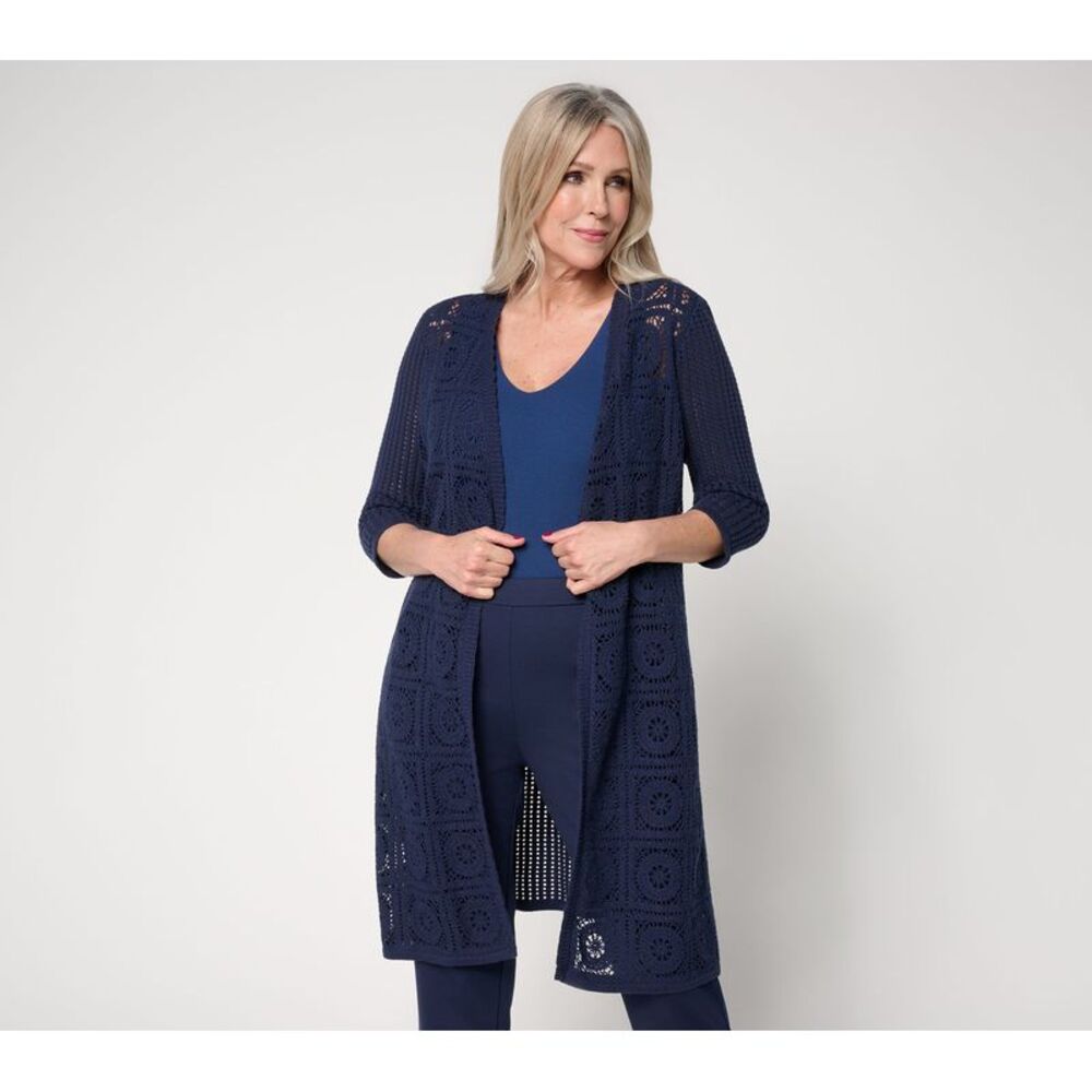 Liberare Women's Top Sweater Sz L Open-Front Crochet Duster Blue A648587